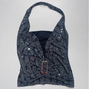Vtg Y2K Black Sparkly Halter Top / Sz M / Sequined Hardware Going Out Rave